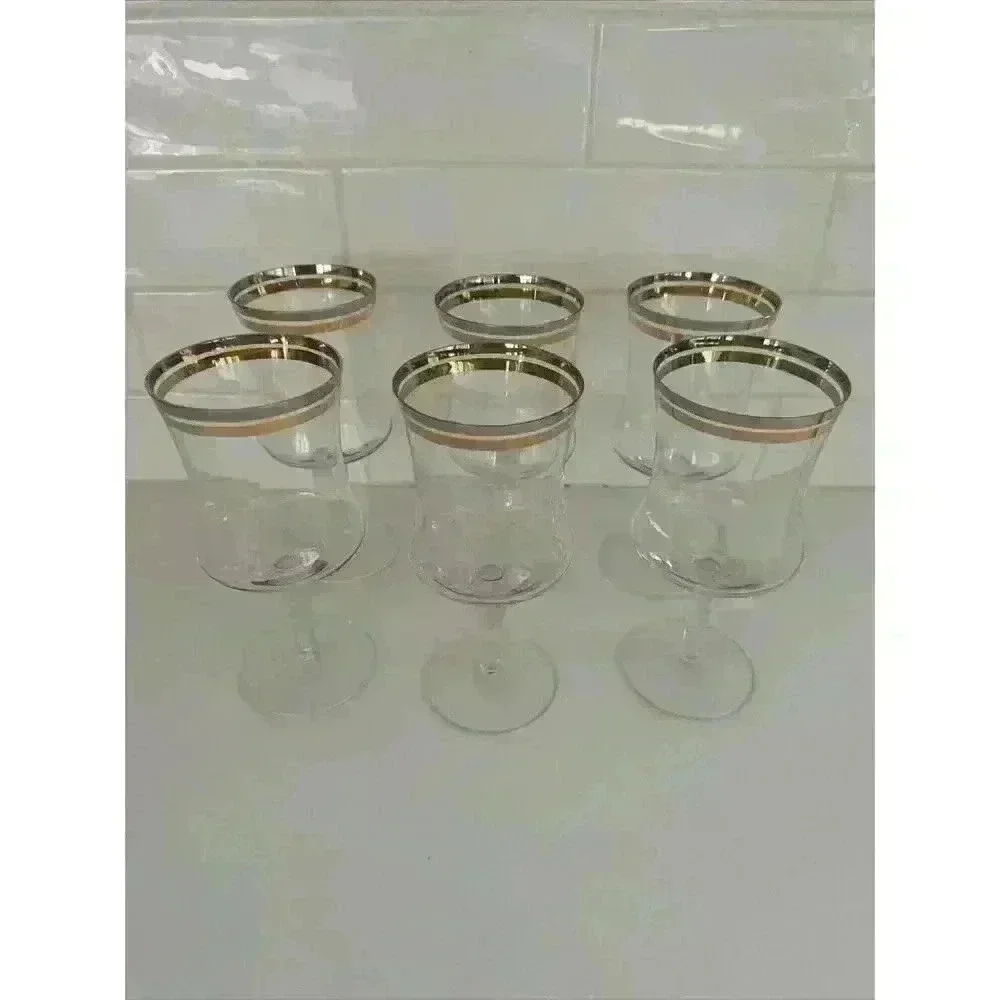 Vintage‎ MCM Double Gold Platinum Rim Water Glass Set Of 6